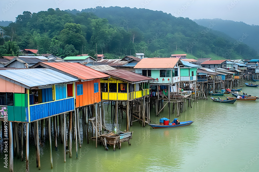 Vibrant waterfront village houses on stilts, boats, lush green hills. Vibrant waterfront village houses on stilts, boats, lush green hills.