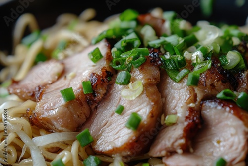 Close up of lo mein with roast pork scallions bean sprouts and shredded cabbage photo