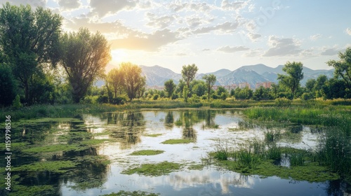 Serene Wetland Scene with Soft Morning Light photo