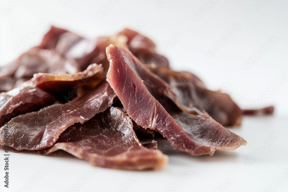 Close up of small raw beef stomach pieces on a white background shot at eye level with selective focus Close up of small raw beef stomach pieces on a white background shot at eye level with selective focus