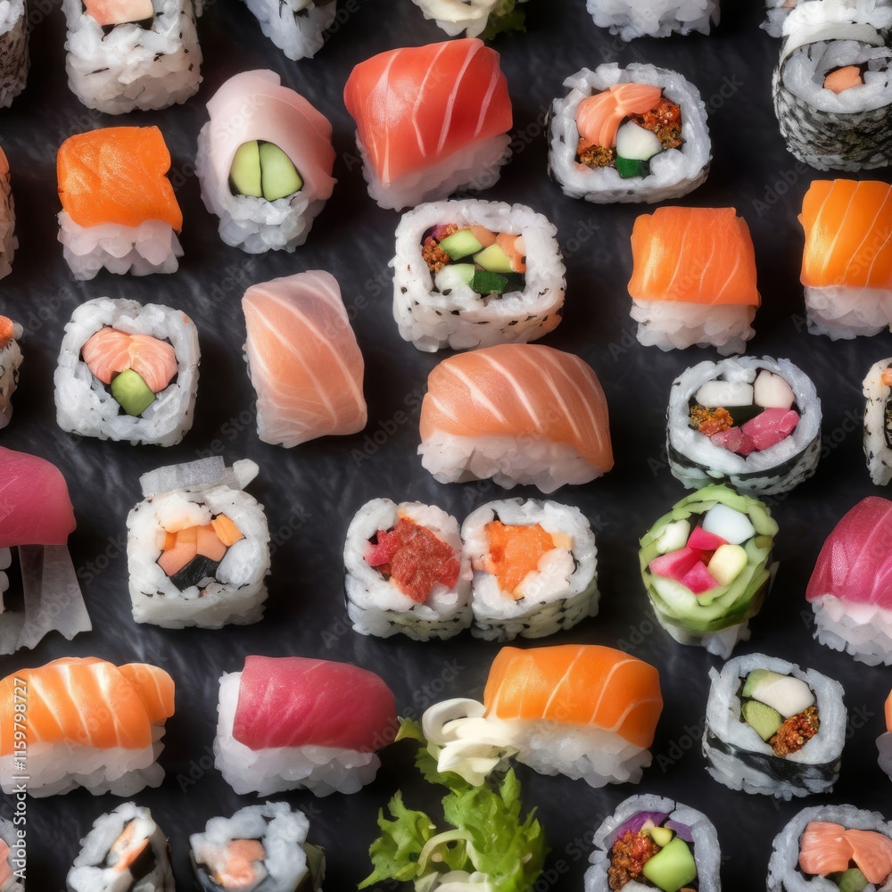 Artistic sushi arrangement on dark background, featuring fresh fish and vegetable rolls. Perfect for culinary promotions, social media content, and food blogs, emphasizing freshness and visual appeal. Artistic sushi arrangement on dark background, featuring fresh fish and vegetable rolls. Perfect for culinary promotions, social media content, and food blogs, emphasizing freshness and visual appeal.