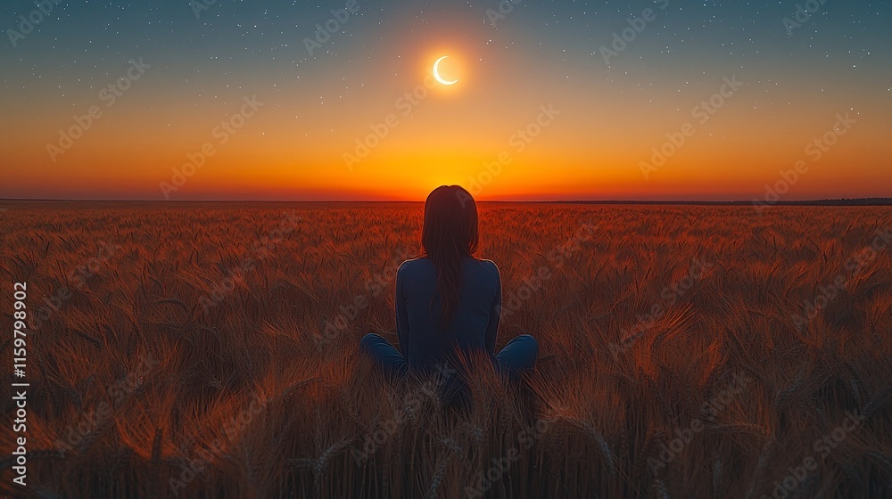 Woman Silhouetted In Wheat Field Under Crescent Moon Woman Silhouetted In Wheat Field Under Crescent Moon