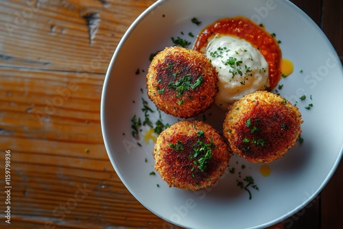 Close up overhead shot of Italian rice balls filled with cheese and pepper accompanied by two sauces on a plate on a wooden table photo