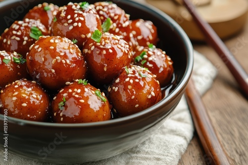 Closeup of a bowl on the table featuring sweet sauced braised new potatoes sprinkled with sesame photo