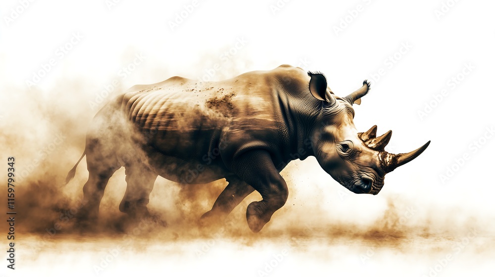 Fototapeta premium A powerful rhinoceros charging through a dust cloud, showcasing strength and determination.