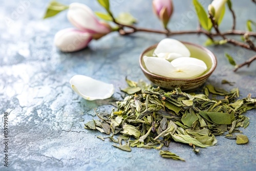 Closeup of spring herbal vitamin tea from magnolia vine with blooming branches promoting healthy drinks photo