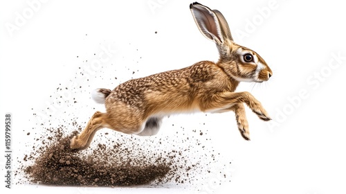 A brown hare leaps energetically, kicking up dust in mid-air, showcasing its agility and grace.