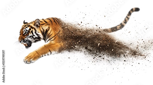 A fierce tiger lunges forward, showcasing its strength and agility against a white background.