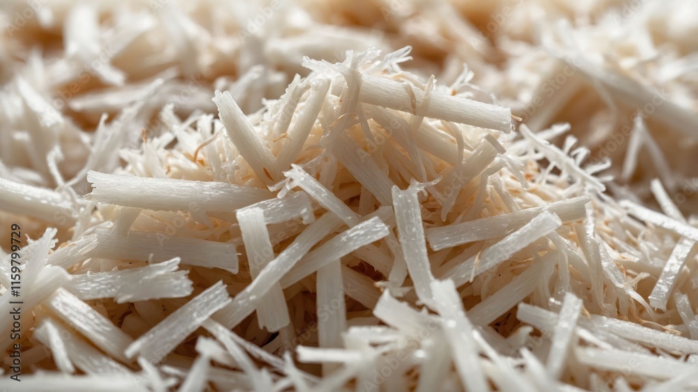 A close-up of finely shredded white material, possibly a food ingredient. A close-up of finely shredded white material, possibly a food ingredient.