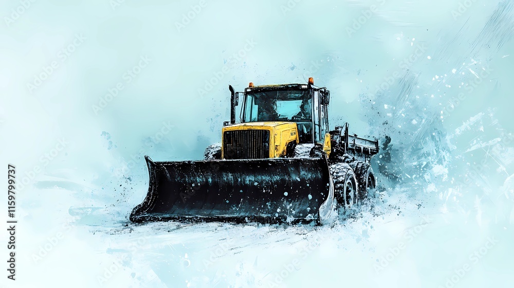 Modern snow-clearing truck in motion, pushing snow to the roadside, illustrated in a bold, graphic novel style Modern snow-clearing truck in motion, pushing snow to the roadside, illustrated in a bold, graphic novel style