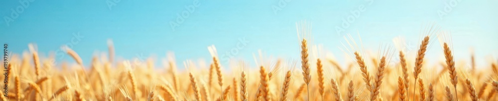 Softly lit golden wheat stalks against a bright blue sky, agriculture, golden Softly lit golden wheat stalks against a bright blue sky, agriculture, golden