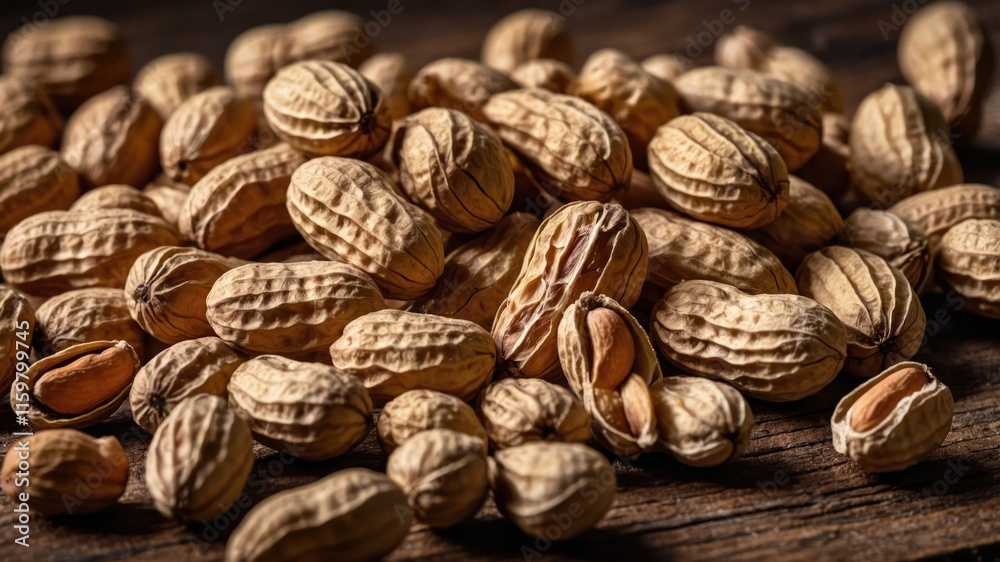 A close-up of shelled and unshelled peanuts scattered on a wooden surface. A close-up of shelled and unshelled peanuts scattered on a wooden surface.
