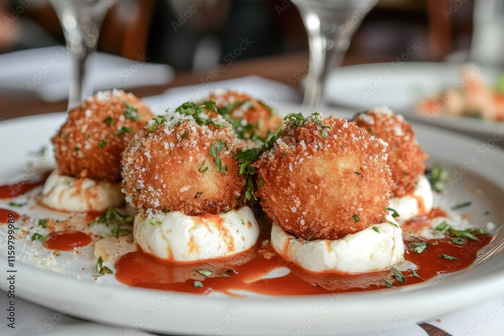 crispy mozzarella spheres on a white dish crispy mozzarella spheres on a white dish