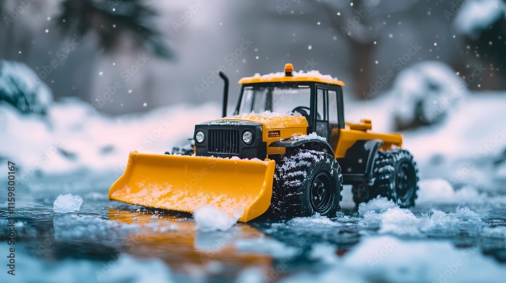 Modern snow-clearing truck in motion, pushing snow to the roadside, illustrated in a bold, graphic novel style Modern snow-clearing truck in motion, pushing snow to the roadside, illustrated in a bold, graphic novel style