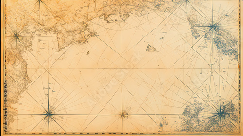 Empty background of old nautical chart: vintage maritime map, antique ocean navigation. Mariner. Illustration
