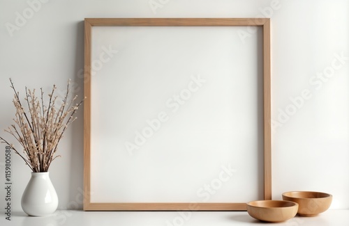 Empty wooden frame on white wall. Stylish dry twigs in white vase, wooden bowls complement minimalist design. Modern interior mock-up ready for artwork presentation. Ideal for home decor magazines