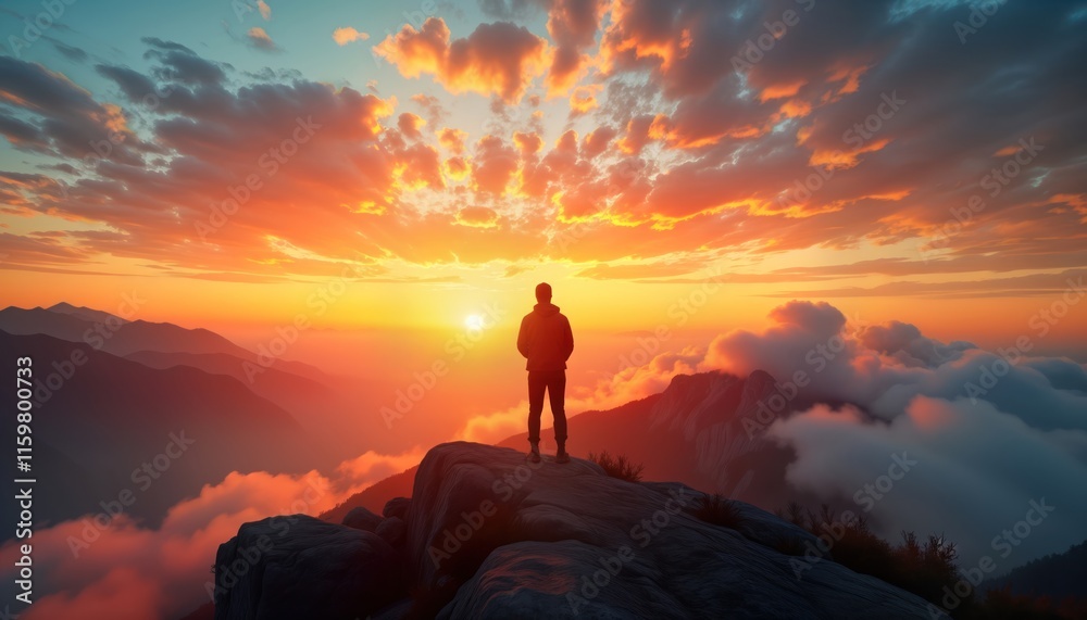 Man stands atop mountain peak during vibrant sunset. Clouds surround mountain range. Scene evokes feelings of freedom, success. Sunrise viewpoint. Adventure lifestyle. Reaching goal. Dramatic colors. Man stands atop mountain peak during vibrant sunset. Clouds surround mountain range. Scene evokes feelings of freedom, success. Sunrise viewpoint. Adventure lifestyle. Reaching goal. Dramatic colors.