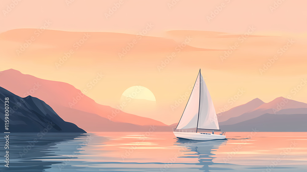 Fototapeta premium Fathers day card mockup, a white sailboat sails across a calm ocean at sunset with mountains in the distance. Mariner. Illustration
