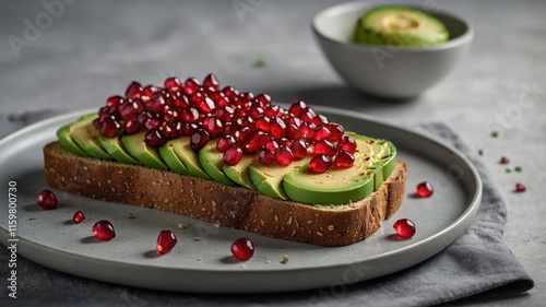 A vibrant open-faced sandwich topped with avocado and pomegranate seeds on whole grain bread. photo