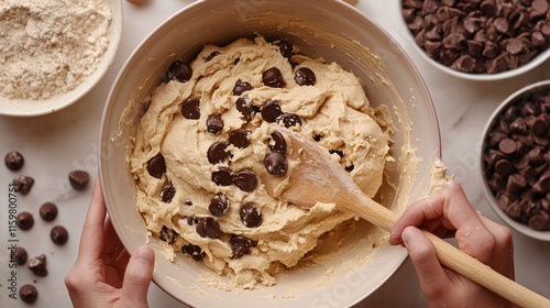 Close-up of Hands Mixing Cookie Dough with Wooden Spoon in Large Bowl Surrounded by Ingredients