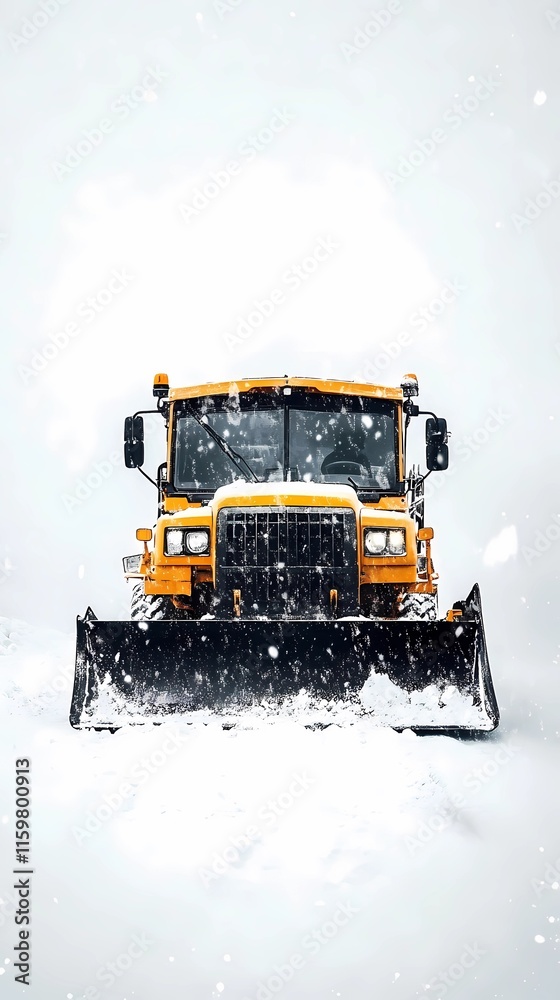 Modern snow-clearing truck in motion, pushing snow to the roadside, illustrated in a bold, graphic novel style Modern snow-clearing truck in motion, pushing snow to the roadside, illustrated in a bold, graphic novel style