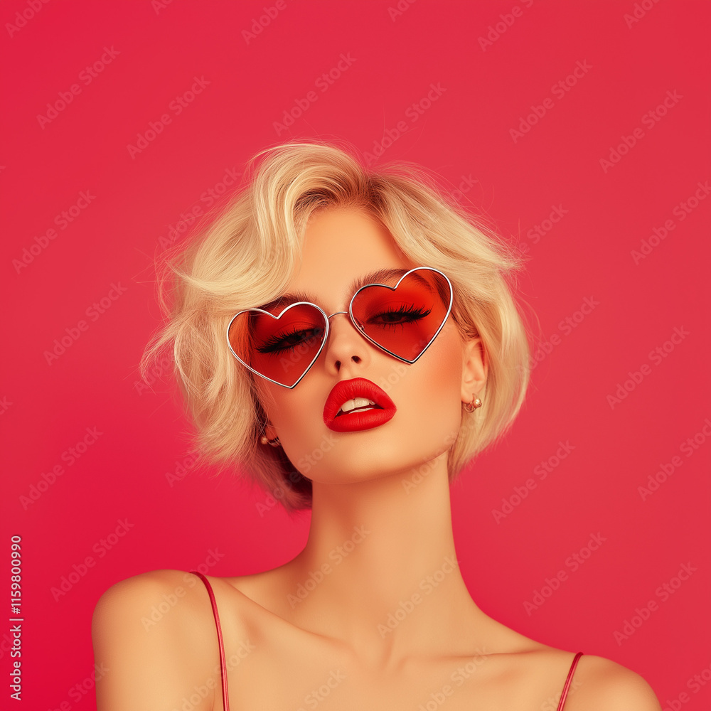 A close-up portrait of a young, beautiful girl with blond hair, wearing big fashionable sunglasses in the shape of hearts, showcasing a modern and authentic look.
A close-up portrait of a young, beautiful girl with blond hair, wearing big fashionable sunglasses in the shape of hearts, showcasing a modern and authentic look.
