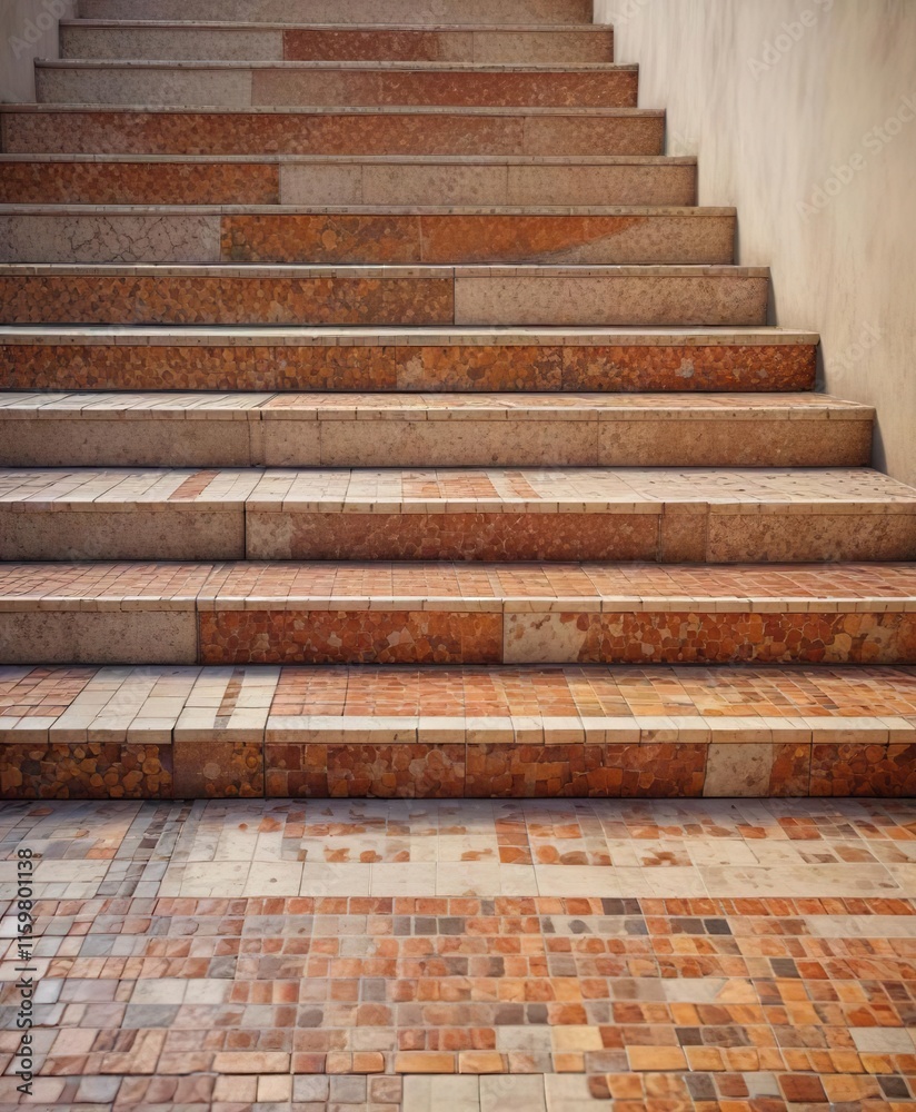 Geometric steps with a mosaic-like effect using small tiles in warm tones, contemporary architecture, staircases Geometric steps with a mosaic-like effect using small tiles in warm tones, contemporary architecture, staircases