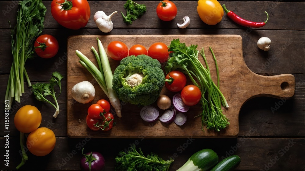 A variety of fresh vegetables arranged on a wooden cutting board for cooking preparation. A variety of fresh vegetables arranged on a wooden cutting board for cooking preparation.