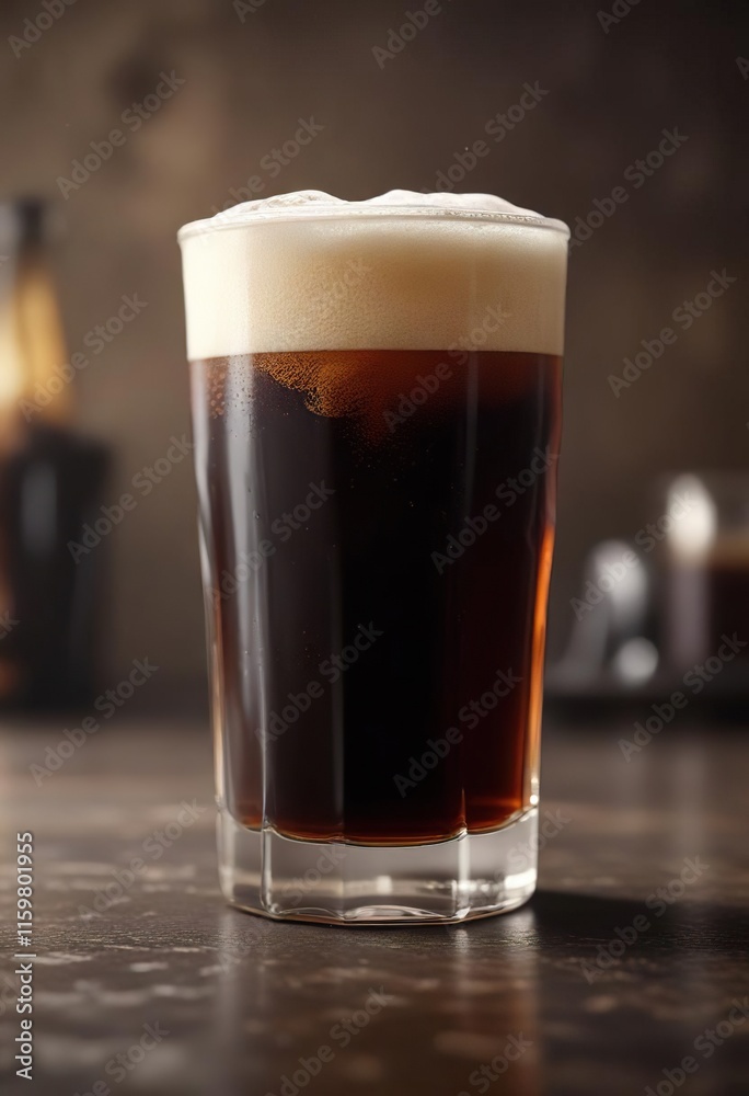 Glass of dark beer on counter with a single ice cube, ambient light, liquid Glass of dark beer on counter with a single ice cube, ambient light, liquid