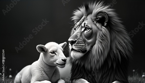 Majestic lion, gentle lamb lie side by side in dramatic black, white portrait. Powerful contrast peace, unity between seemingly opposite forces. Animals represent harmony, coexistence in nature. photo