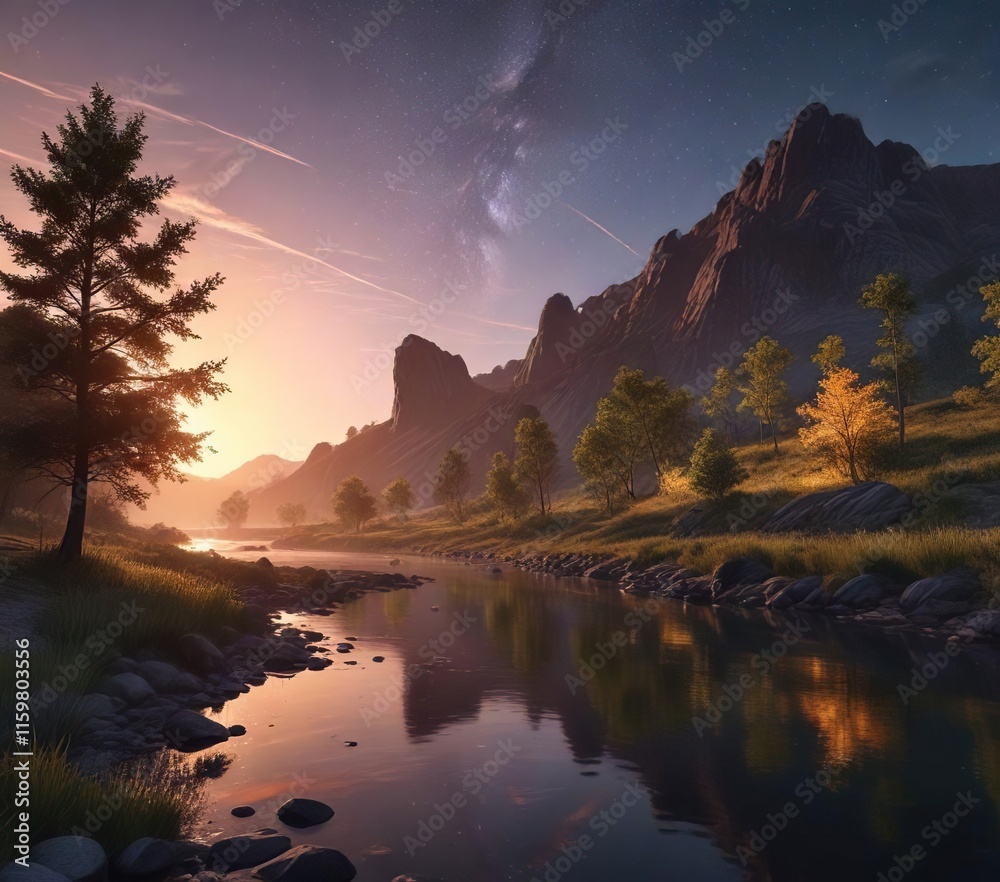 Glowing meteor trail over tree covered hills and a quiet river on a summer evening, starry sky, meteor trail, nighttime spectacle Glowing meteor trail over tree covered hills and a quiet river on a summer evening, starry sky, meteor trail, nighttime spectacle