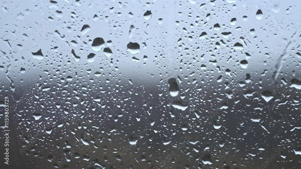 A wide shot of numerous rain drops on a window, blurring the background. Creates a contemplative and slightly melancholic atmosphere ideal for various video projects.