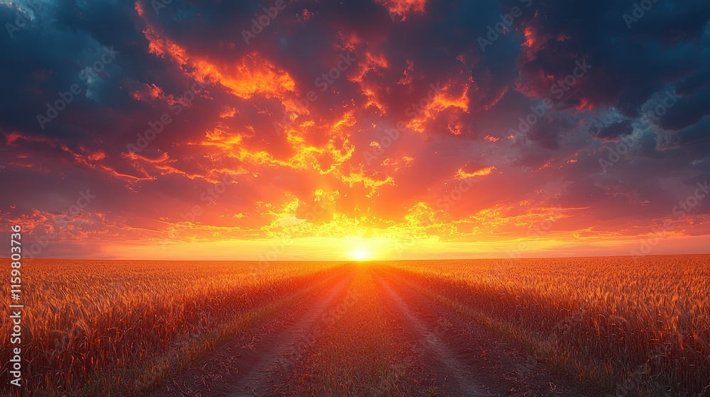 A vibrant sunset over a field with dramatic clouds and a dirt path leading into the horizon. A vibrant sunset over a field with dramatic clouds and a dirt path leading into the horizon.