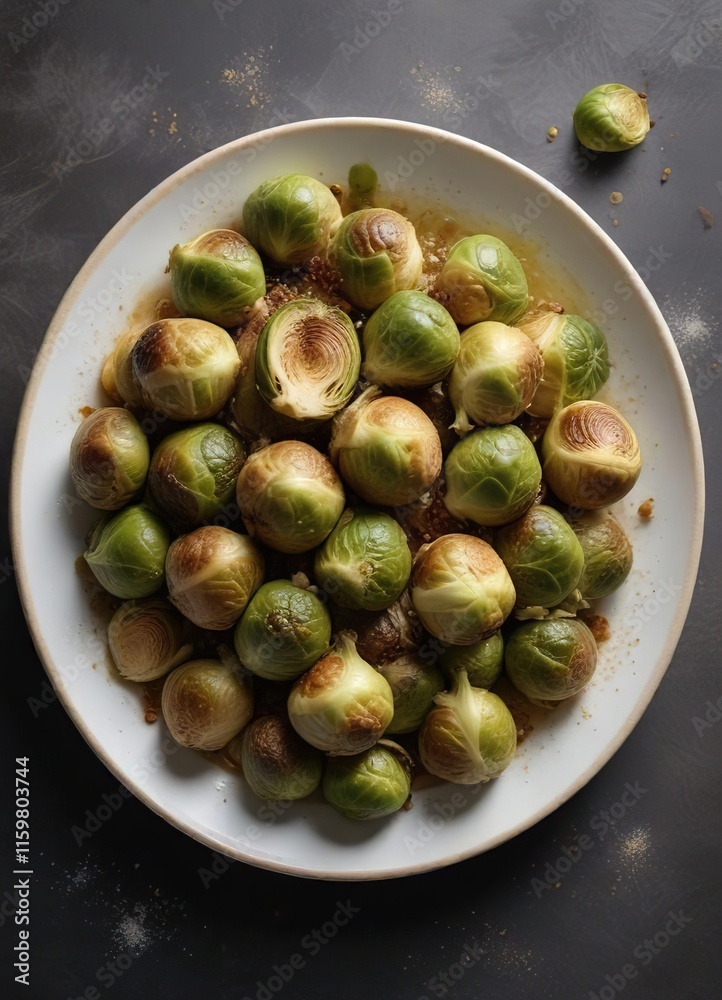 Golden brown Brussels sprouts arranged artfully on a plate with a sprinkle of flaky sea salt , green, plate Golden brown Brussels sprouts arranged artfully on a plate with a sprinkle of flaky sea salt , green, plate