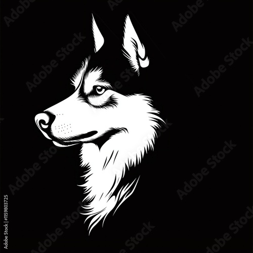 Monochrome husky illustration: black and white canine art portrait photo