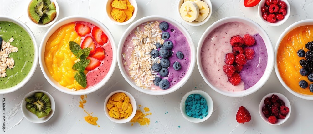 Bowl of fruit yogurt with frozen fruit and mint on a colorful background. Healthy dessert and summer food concept. Top view of vibrant color fruit and smoothies bowl placed on various texture. AIG55. Bowl of fruit yogurt with frozen fruit and mint on a colorful background. Healthy dessert and summer food concept. Top view of vibrant color fruit and smoothies bowl placed on various texture. AIG55.