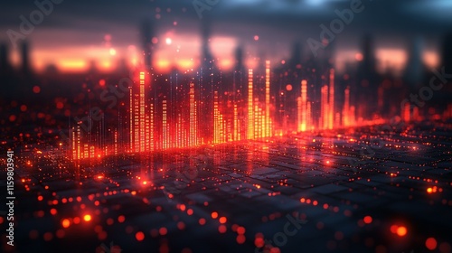 Digital Cityscape Illuminated By Red Data Streams
