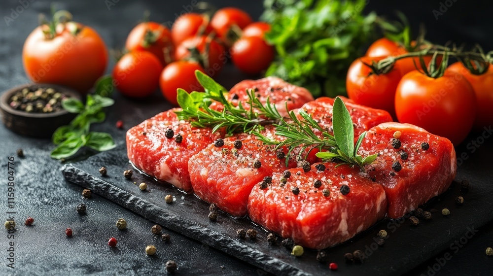 Fresh tomato slices with herbs on a slate board Fresh tomato slices with herbs on a slate board