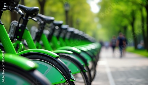 Many bright green bicycles parked in row at bike station in park. People walk along path in background. City bike sharing system in public park. Eco-friendly, convenient urban transport. Healthy photo