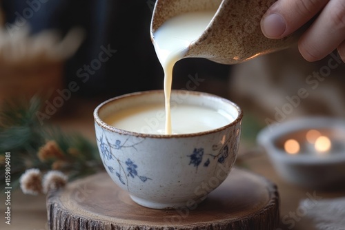 Filling the clay cup with makgeolli photo