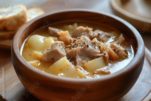 Flavorful beef tripe soup spiced and paired with bread photo