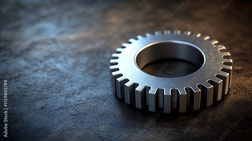 Shimmering metallic gear resting on a textured surface, showcasing craftsmanship and industrial design elements Shimmering metallic gear resting on a textured surface, showcasing craftsmanship and industrial design elements