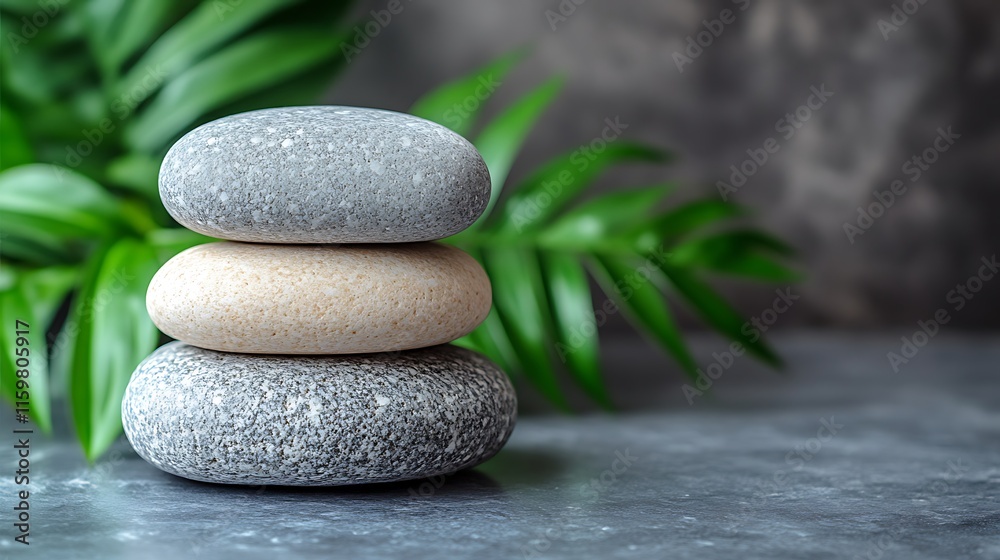 Balanced stones create a serene atmosphere in a natural setting with lush greenery Balanced stones create a serene atmosphere in a natural setting with lush greenery