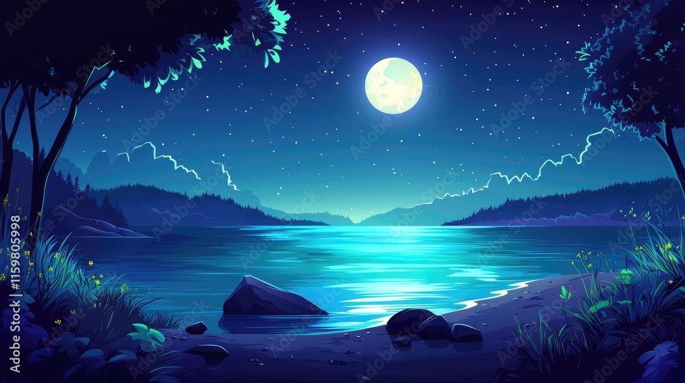 Fototapeta premium Nighttime lake scene with a full moon, stars, and mountains
