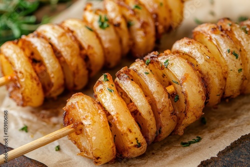 Fried spiral potatoes on sticks sold as unhealthy street food at the market photo