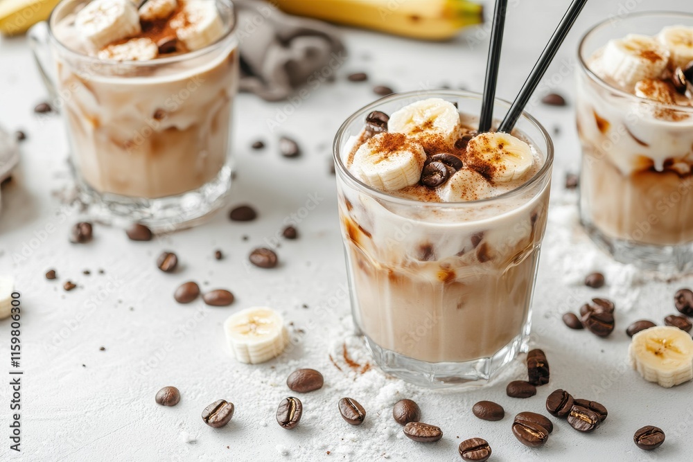 Frozen banana espresso latte on a white kitchen table Vegan non dairy beverage Frozen banana espresso latte on a white kitchen table Vegan non dairy beverage