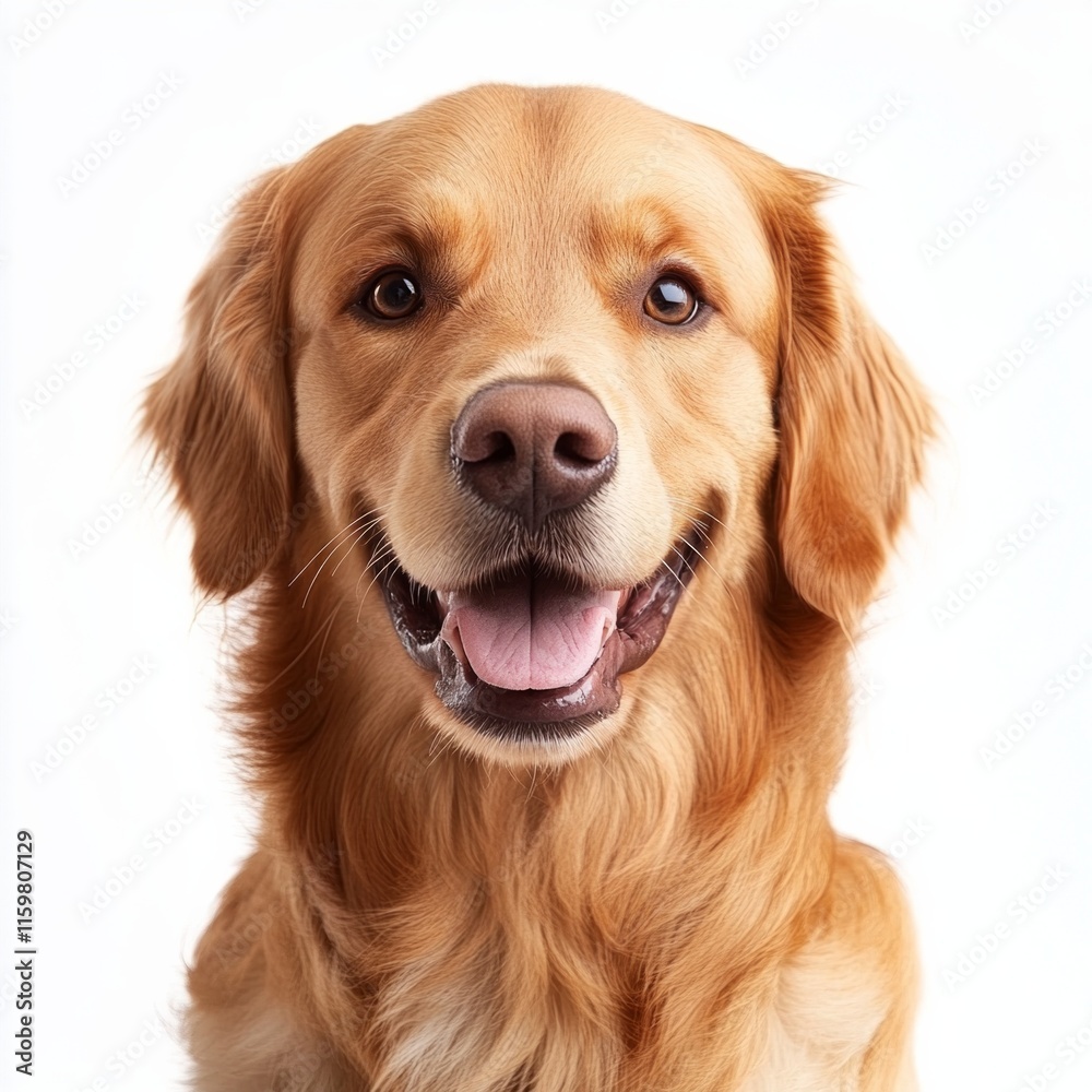 Golden retriever smiling against white background with happy expression Golden retriever smiling against white background with happy expression