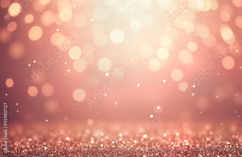 Rose gold glitter background perfect for Christmas Valentines. Glowing rose gold sparkles create festive atmosphere with blurred bokeh lights. Abstract design with soft gradient colors. Excellent photo