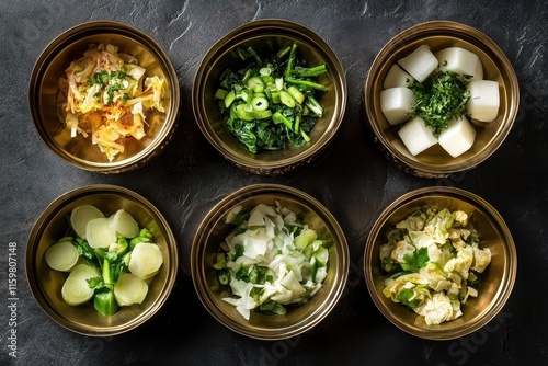 High quality brass tableware featuring renowned Korean dish Kimchi napa cabbage leaf mustard turnip green onion whole radish radish water Bird s eye view photo