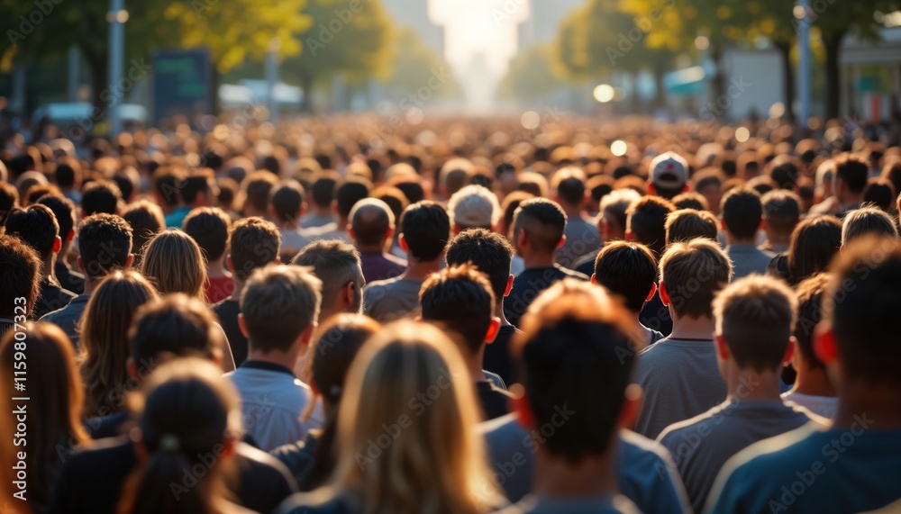 Fototapeta premium Large crowd of people walking together. Possible event or gathering. Many individuals standing in a dense group. Daytime. City street or urban area. Diverse group.